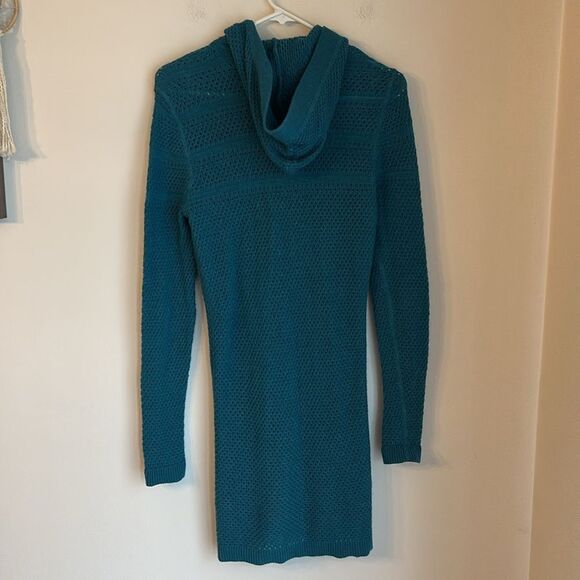 Title Nine Women’s long knit merino alpaca blend teal hooded sweater size small - Picture 7 of 9